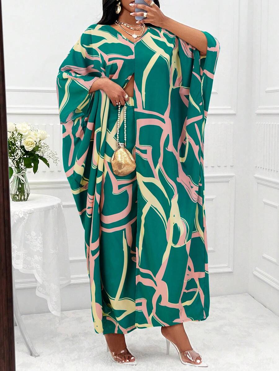 SHEIN Lady Printed Dolman Sleeve Slit Top And Pants Two-piece Set - Green - View 1