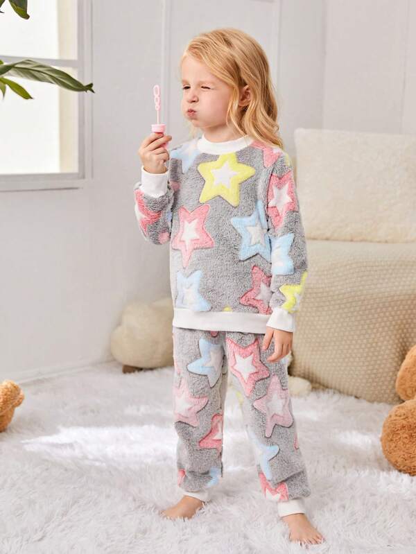 SHEIN طقم بنطال وبلوزة نوم طويلة بنمط جنية مريحة، للخريف/الشتاء، 2 قطعة