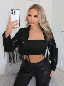 SHEIN SXY sequin Fringed Short Jacket - Black - View 1