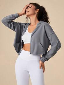 Daily&Casual Thả vai áo có mũ Jacket thể thao - Xám - Xem 4