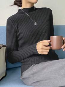 DAZY Mock Neck Ribbed Knit Sweater - Grey - View 4