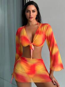 Swim Vcay Summer Beach Tie Dye Knot Front Bikini Set With Cover Up Set - Multicolor - View 2
