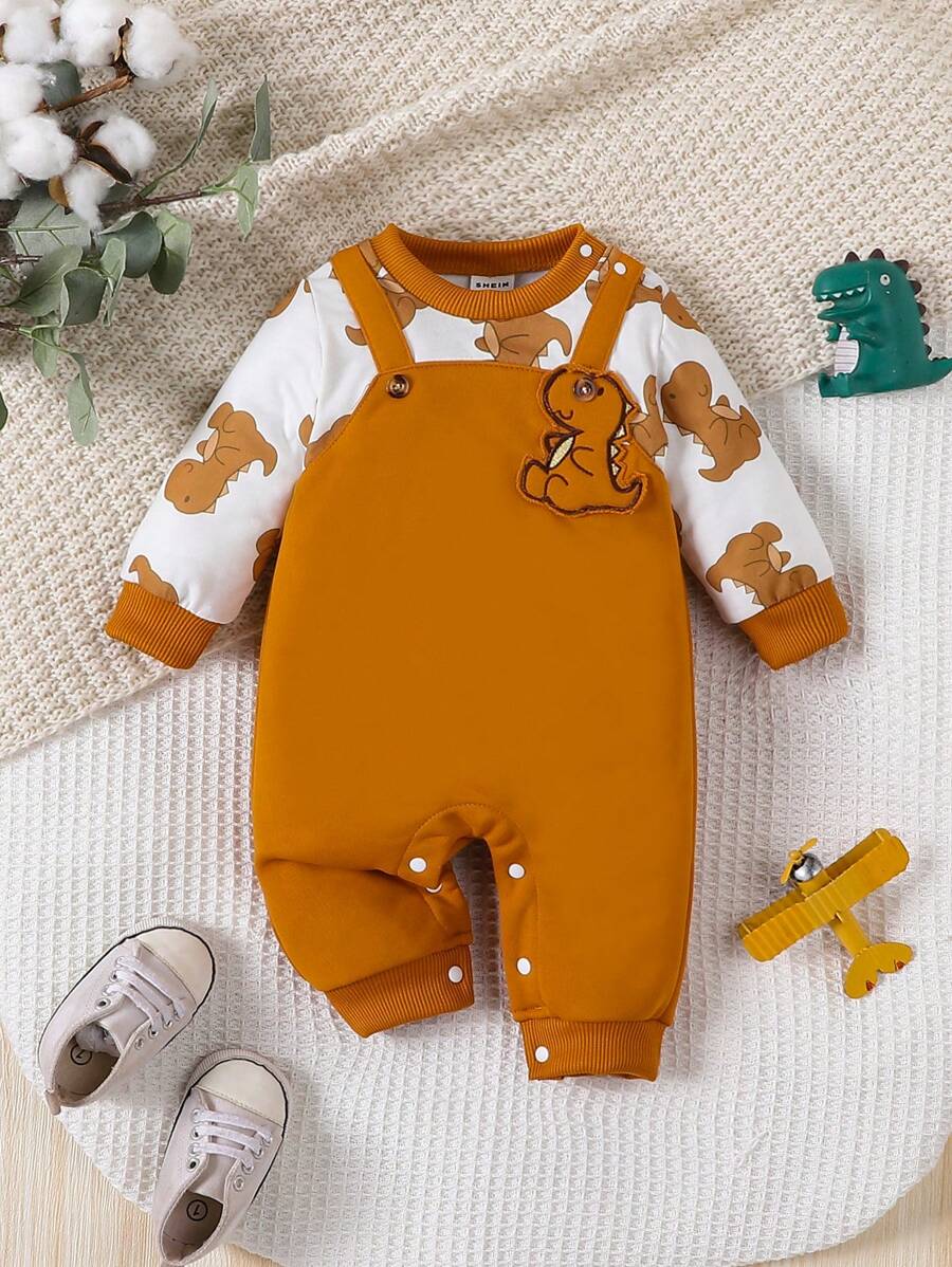 SHEIN Baby Boy Bear Print Dinosaur Patched 2 In 1 Jumpsuit - Multicolor - View 1