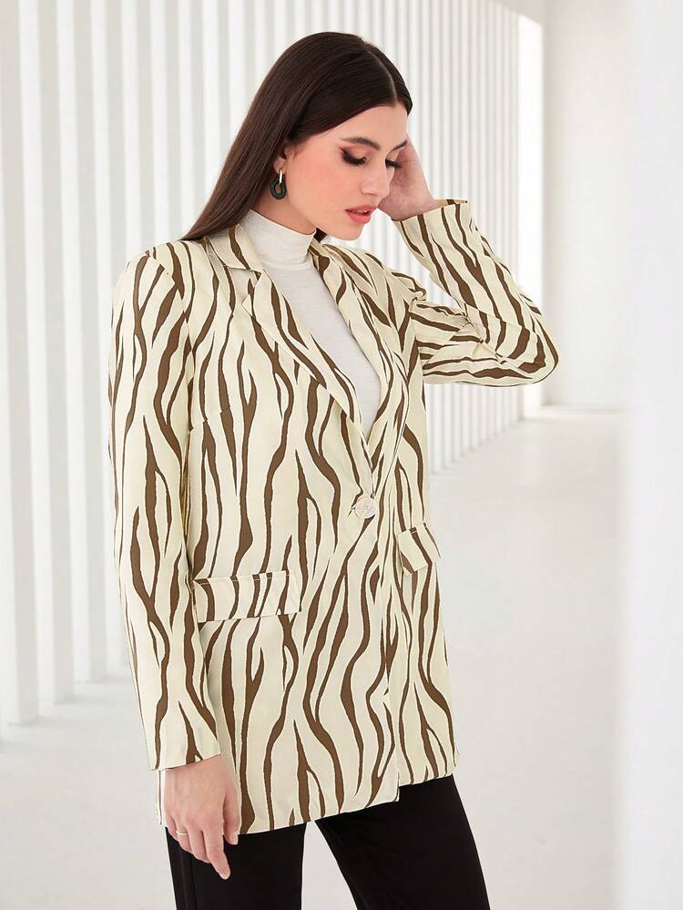 Zebra Striped Long Sleeve Blazer Without Belt Fall Cloth For Women