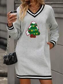 Của phụ nữ Cây thông noel Vá lại Sọc Cắt tỉa Đầm nỉ - Xám - Xem 3