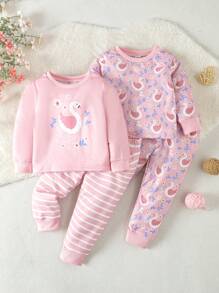 SHEIN Baby Girls' Cute & Fun Swan Printed Four-piece Set - Pink - View 1
