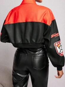 Coolane Letter Graphic Colorblock Drop Shoulder Crop Bomber Jacket - Red - View 2