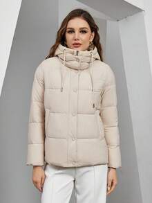 ZIAI Zip Up Drawstring Hooded Padded Coat - Beige - View 1