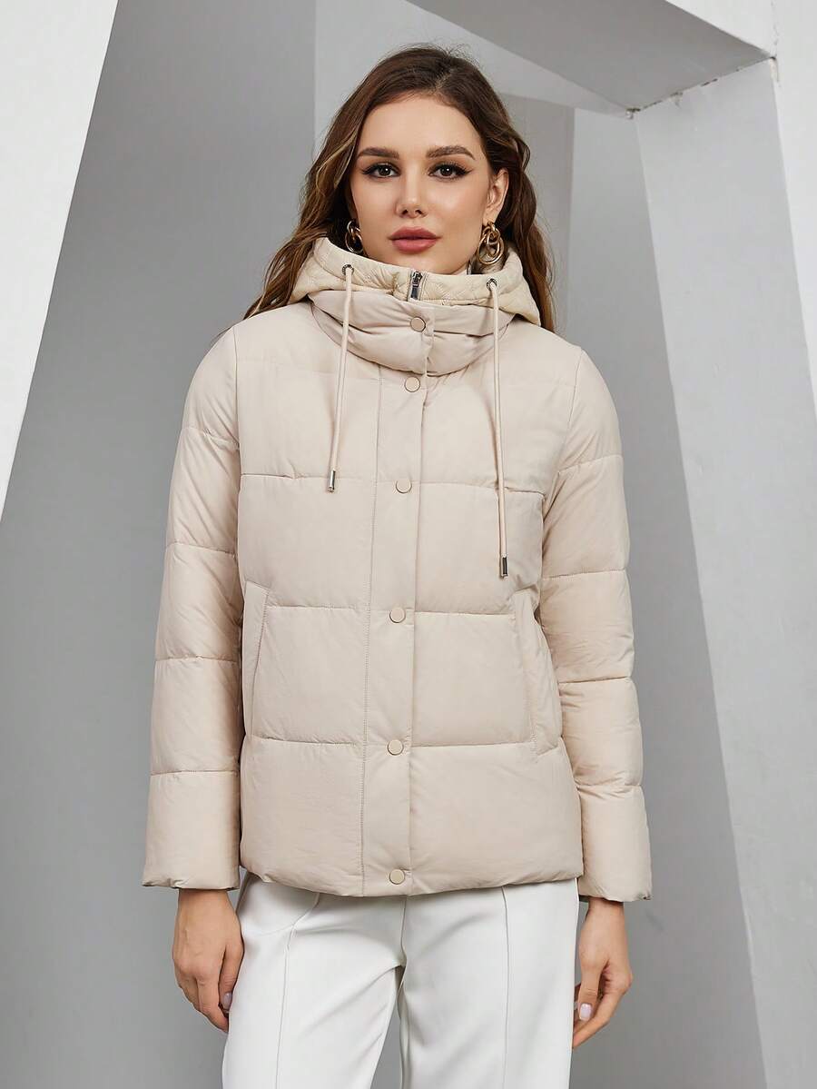 ZIAI Zip Up Drawstring Hooded Padded Coat - Beige - View 1