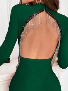 SHEIN Privé Women's Hollow Back Rhinestone Tassel Slim Date Night Party Dress - Dark Green - View 6