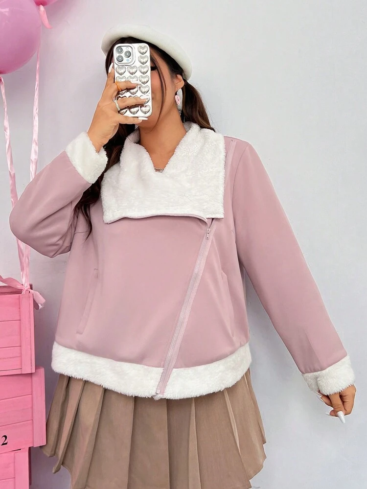 Plus Size Shearling Lined Zip Up Jacket