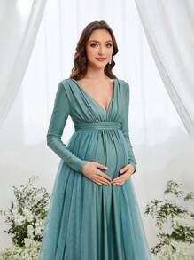 Faeriesty Dressalisa Elegant Maternity Dress, Deep V-Neck Long Sleeve Design, Flowing Sheer Side Panel, Accentuates Waistline, Suitable For Baby Shower (Formal Events, Wedding Guest Attire, Church Ceremony, Luxury Brunch, Maternity Photoshoot) - Teal Blue - View 5