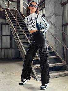 SHEIN Coolane Pu側口袋設計寬鬆時尚褲子 - 黑色 - 查看 6