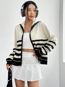 SHEIN Unity Mẫu sọc Dây kéo Áo len Mở - Màu be - Xem 5