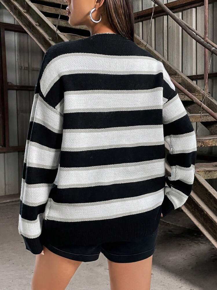 Heart Striped Drop Shoulder Knit Pullover Fall Winter Sweater