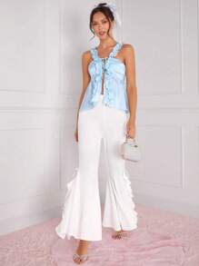 Enchnt 女士荷葉邊打結前扣坦克頂