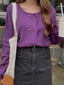 DAZY 女士雙排扣開襟針織外套 - 紫色 - 查看 5