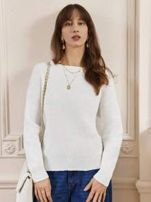 SHEIN Frenchy Solid Color Drop Shoulder Sweater Winter White Casual - White - View 6