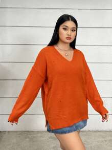 SHEIN EZwear Kích thước lớn Của phụ nữ Cổ chữ V Thả vai Áo len , Áo chui đầu Phong cách - trái cam - Xem 4