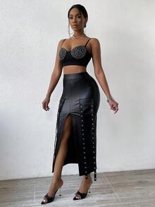 SHEIN SXY Cao eo Thùa khuyết Chi tiết khóa Túi có nắp Tách đùi Váy - màu đen - Xem 4