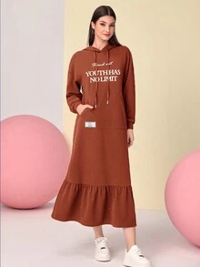 Mulvari Slogan Graphic Drop Shoulder Ruffle Hem Drawstring Hooded Dress - Mocha Brown - View 3