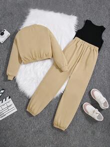 3pcs/Set Tween Girls' Leisure Letter Print Sweatshirt, Drawstring Sweatpants And Solid Color Tank Top - Multicolor - View 2