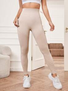 Yoga Basic Liền mạch Thắt lưng rộng Quần Xà cạp thể thao - Màu Xám nhạt - Xem 4