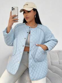 SHEIN EZwear 带缝线和纽扣设计的加大码夹棉大衣 - 藍色 - 查看 5