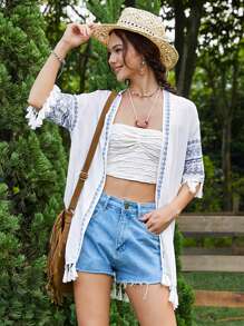 SHEIN WYWH 幾何圖案流蘇下擺夾克 - 藍白色 - 查看 1