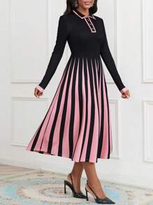 SHEIN Lady Women's Striped Turn-down Collar Dress - Multicolor - View 5