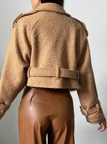 SHEIN Của phụ nữ Ngắn Len Áo khoác Với Thắt lưng Eo Và Tay Raglan - Lạc đà - Xem 2