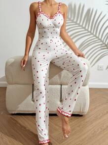 CottageSlumber Strawberry Print Frill Trim Cami Top & Pants PJ Set / Pajama Set White Set Holiday Season - White - View 5