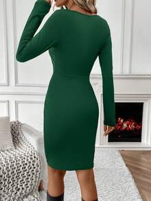 SHEIN Clasi Solid Color Twist Knot Pocket Dress - Green - View 2