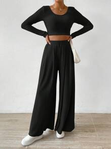 Almamuse Solid Color Short Top & Wide Leg Pants Casual 2pcs Outfit Fall Cloth For Women - Black - View 5