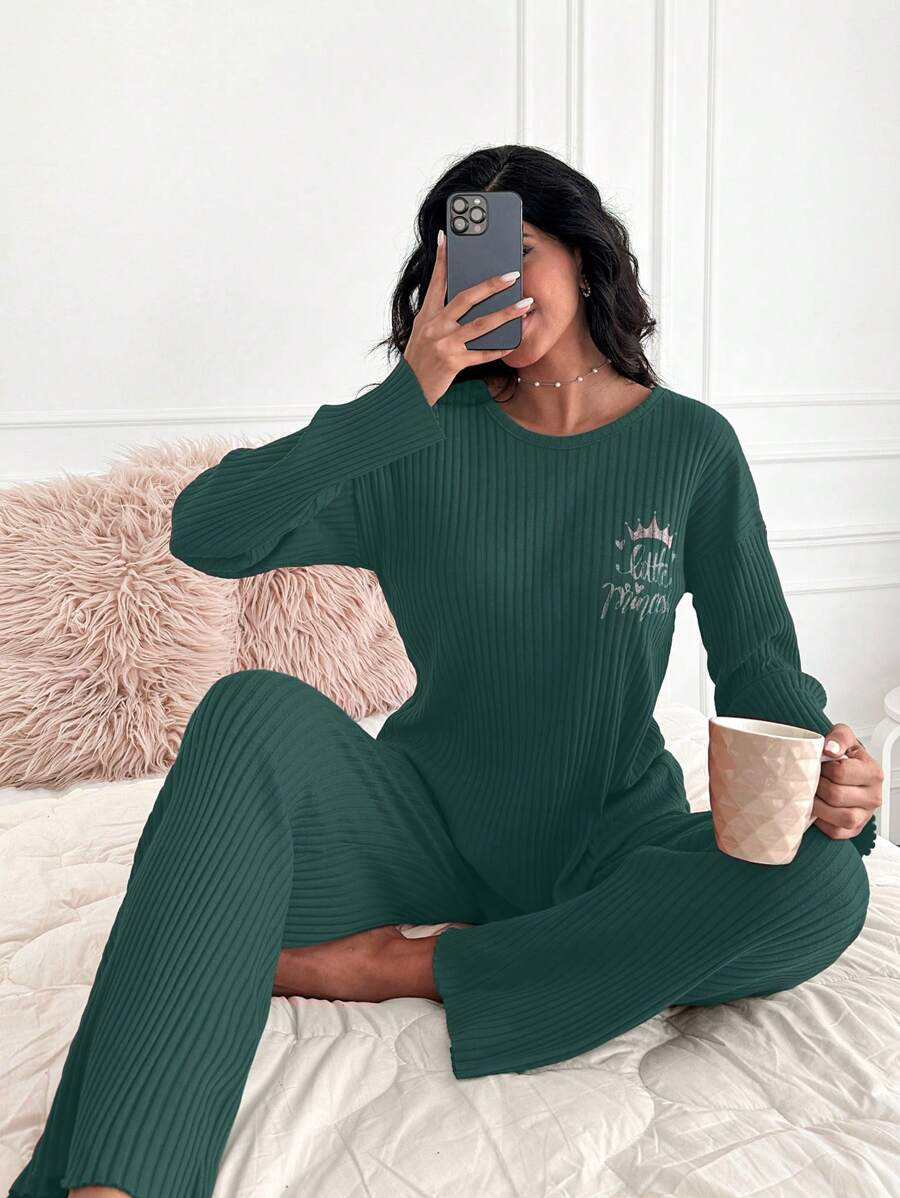SHEIN Cottnline Women's Letter Print Ribbed Top And Pants Loungewear Set - Green - View 1