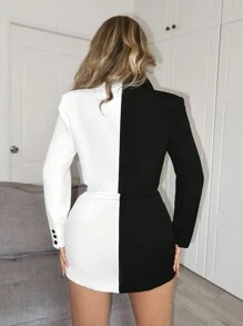 SHEIN SXY Women's Colorblock Cropped Blazer And Knee Length Skirt Suit - Black and White - View 2