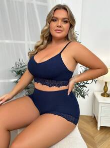 Plus Size Hollow Out Patchwork Lace Lingerie Set, Bra & Panty Set