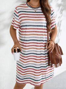 SHEIN LUNE Plus Size Women's Striped T-Shirt Dress For Summer - Multicolor - View 6