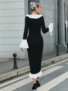 SHEIN Privé Vestido De Llamarada Y Contraste De Colores Con Borde De Hoja De Loto - Negro - Ver 2