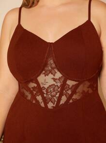 SHEIN Belle Plus Contrast Lace Split Thigh Cami Dress - Brown - View 7