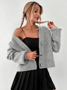Women's Solid Color Drop Shoulder Button-down Cardigan - Grey - View 4
