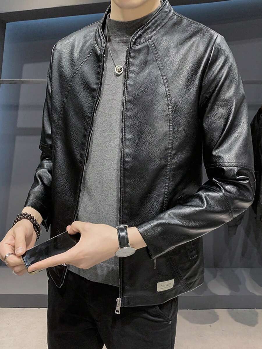 男士时尚拉链袖 PU 皮夹克 - 黑色 - 查看 1