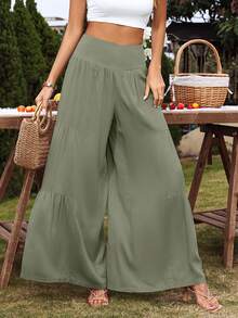 SHEIN VCAY Wide Waistband Ruffle Hem Wide Leg Pants - Army Green - View 4