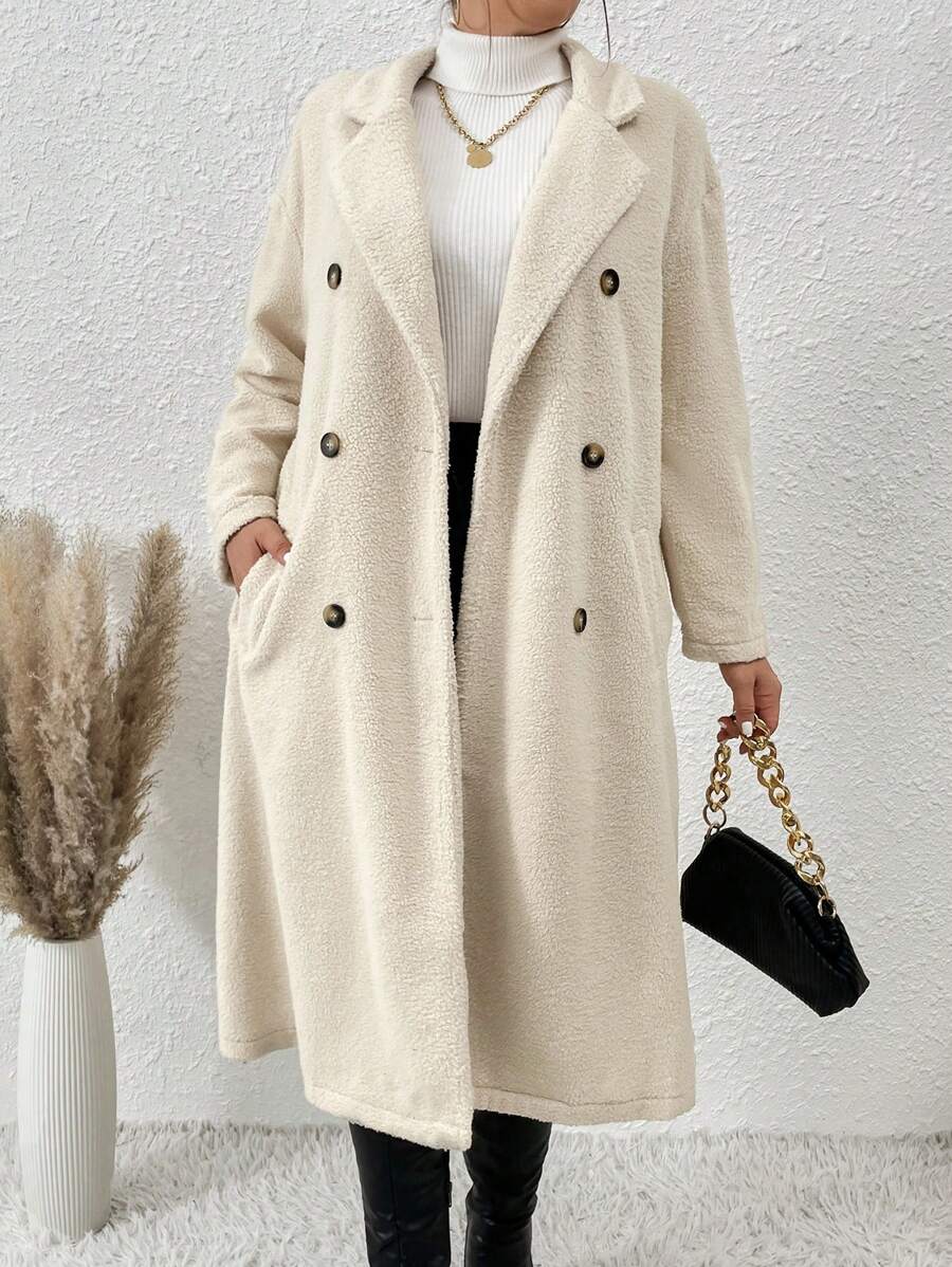 SHEIN Franclia Double-Breasted Open Front Shearling Coat With Side Pockets - Apricot - View 1