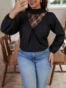 Calvaya Hơn Ren tương phản Tay áo lồng đèn Áo sơ mi - màu đen - Xem 4