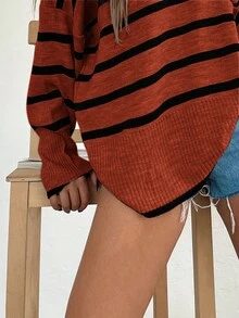 RueChic Women's Striped V-neck Loose Knit Sweater - Orange - View 5