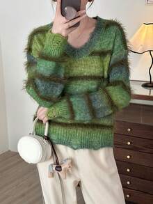 Green Striped Sweater For Autumn/Winter - Green - View 5