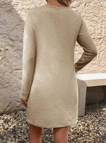 SHEIN LUNE Solid V Neck Tee Dress - Apricot - View 2