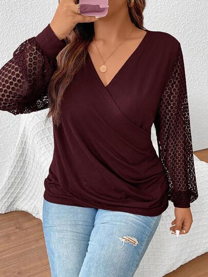 SHEIN Frenchy Plus Size Lace Bishop Solid Color Cross Wrap T-Shirt