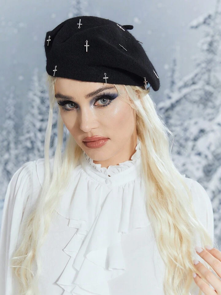 Our Goth Cross Charm Decoration Beret Hat is such a vibe - ROMWE